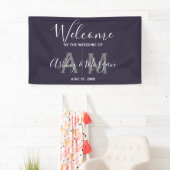Modern Gray & Blue Couple Monogram 36x24 bruiloft Spandoek (Insitu)