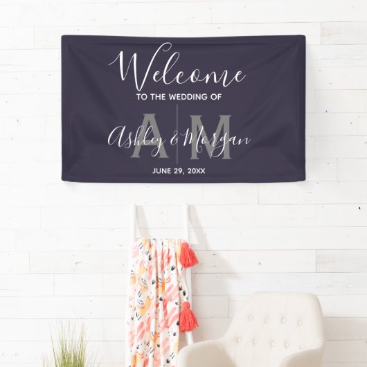 Modern Gray & Blue Couple Monogram 36x24 bruiloft Spandoek (Insitu)