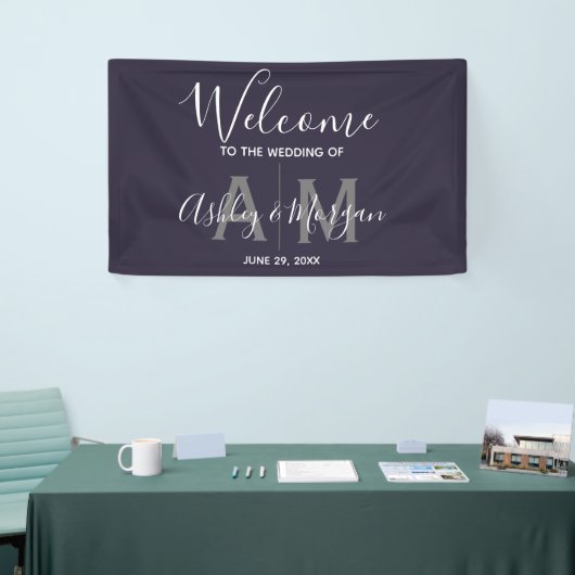 Modern Gray & Blue Couple Monogram 36x24 bruiloft Spandoek (Beurs)