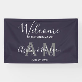 Modern Gray & Blue Couple Monogram 36x24 bruiloft Spandoek