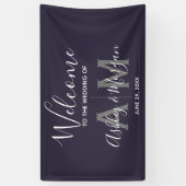 Modern Gray & Blue Couple Monogram 36x24 bruiloft Spandoek (Verticaal)