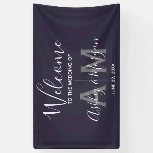 Modern Gray & Blue Couple Monogram 36x24 bruiloft Spandoek (Verticaal)