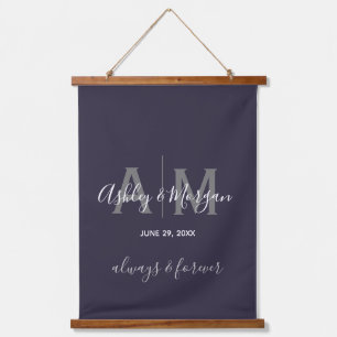 Modern Gray & Blue Monogram Weddenschap Hangend Wandkleed