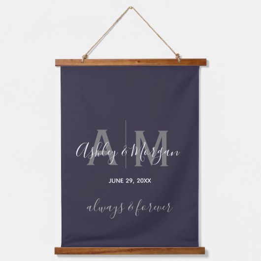 Modern Gray & Blue Monogram Weddenschap Hangend Wandkleed (Voorkant)