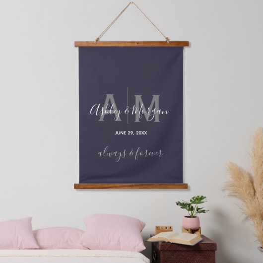 Modern Gray & Blue Monogram Weddenschap Hangend Wandkleed (Slaapkamer)