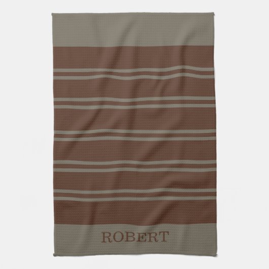 modern Gray &Brown stripes Pattern monogram name Theedoek (Verticaal)