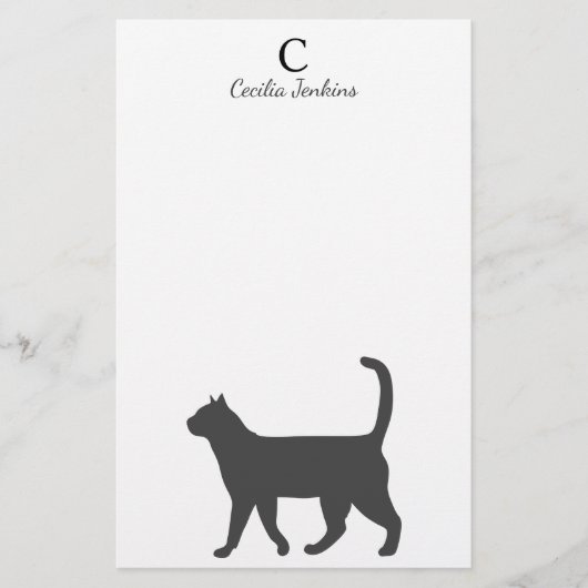 Modern Gray Cat Silhouette & Name Briefpapier (Voorkant)