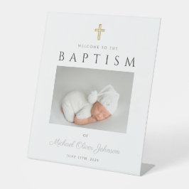 Modern Gray Cross Photo Baptisme Welkom Reclamebord Met Voetstuk