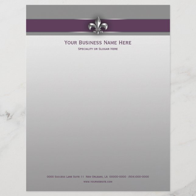 Modern Gray Eggplant Fleur de Lis Briefhoofd Sjabloon (Voorkant)