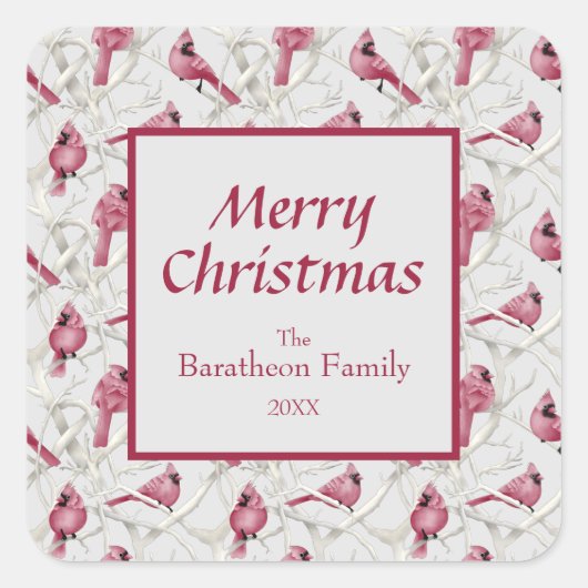 Modern Gray Kardinaal Bird kerst Vierkante Sticker (Voorkant)