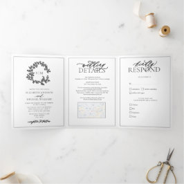 Modern Gray Leafy Crest Monogram Weddenschap Drieluik Uitnodiging