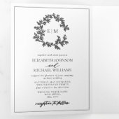 Modern Gray Leafy Crest Monogram Weddenschap Drieluik Uitnodiging (Binnenzijde eerst)