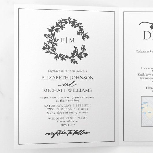 Modern Gray Leafy Crest Monogram Weddenschap Drieluik Uitnodiging (Binnenzijde eerst)