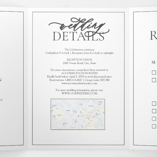 Modern Gray Leafy Crest Monogram Weddenschap Drieluik Uitnodiging (Binnenkant midden)