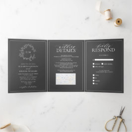 Modern Gray Leafy Crest Monogram Weddenschap Drieluik Uitnodiging