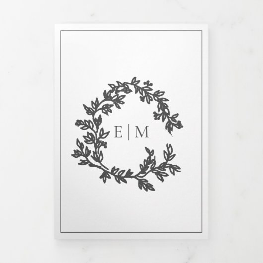 Modern Gray Leafy Crest Monogram Weddenschap Drieluik Uitnodiging (Cover)