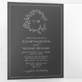 Modern Gray Leafy Crest Monogram Weddenschap Drieluik Uitnodiging (Binnenzijde eerst)