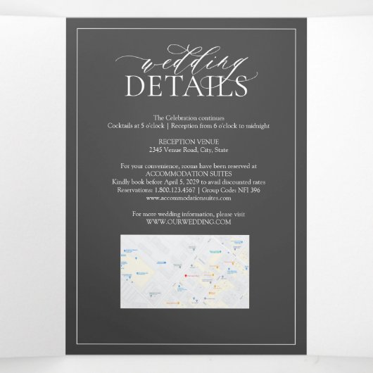 Modern Gray Leafy Crest Monogram Weddenschap Drieluik Uitnodiging (Binnenkant midden)