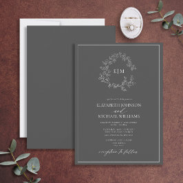 Modern Gray Leafy Crest Monogram Weddenschap Kaart