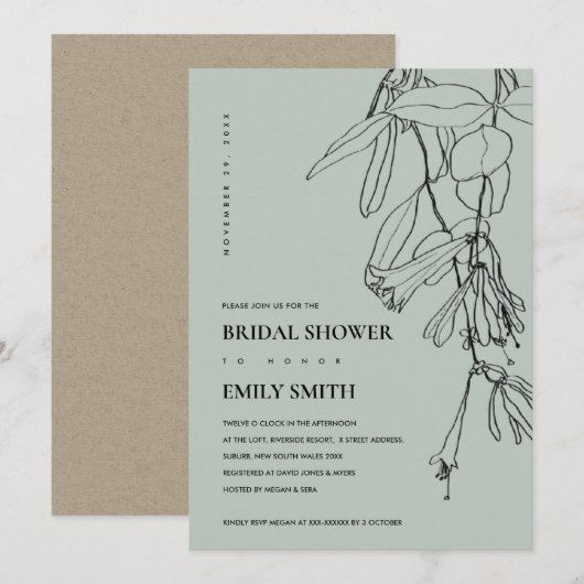 MODERN GRAY LINE DRAWING FLORAL VRIJGEZELLENFEEST  BEDANKKAART (Voorkant / Achterkant)