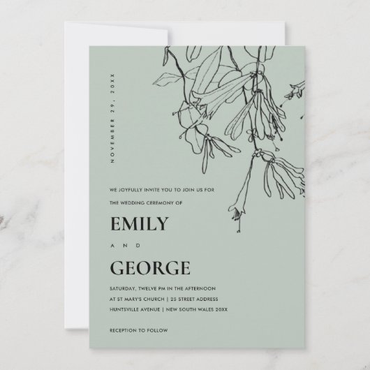 MODERN GRAY LINE DRAWING FLORAL WEDDING INVITE BEDANKKAART (Voorkant)