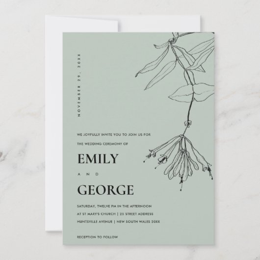 MODERN GRAY LINE DRAWING FLORAL WEDDING INVITE BEDANKKAART (Voorkant)