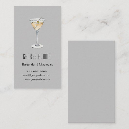 Modern gray Martini Bartender Visitekaartje (Voorkant / Achterkant)