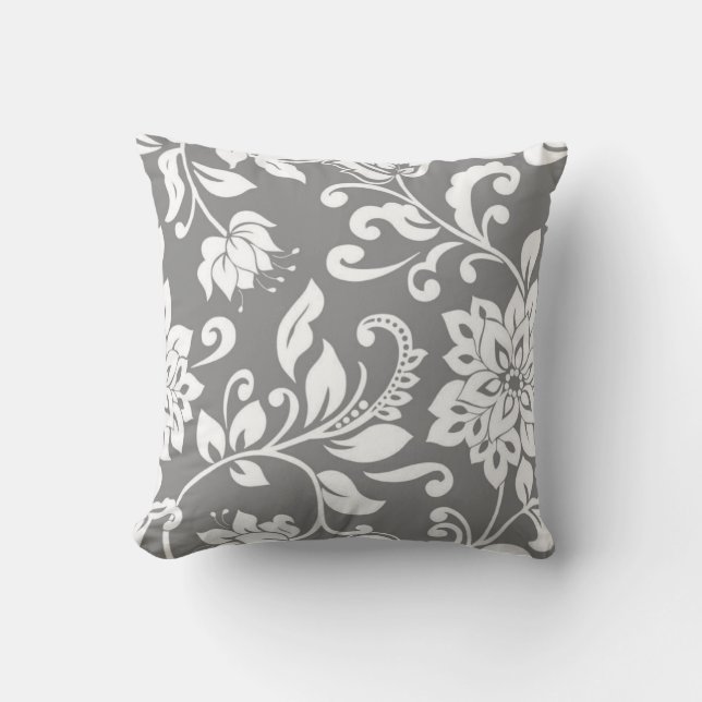 Modern Gray Monogram & Damask Sierkussen (Voorkant)