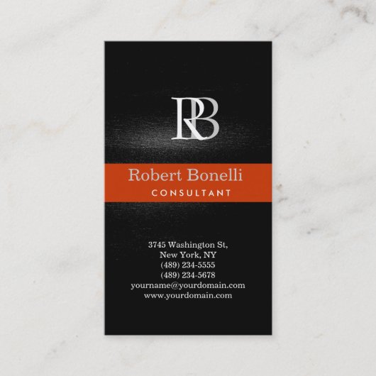 Modern Gray Monogram Oranje Stripe Visitekaartje (Voorkant)