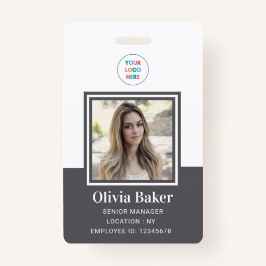 Modern Gray Name Photo Business Logo Employee Badge (Voorkant)