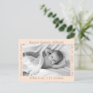 Modern Gray on Pastel Salmon Birth Announance Briefkaart