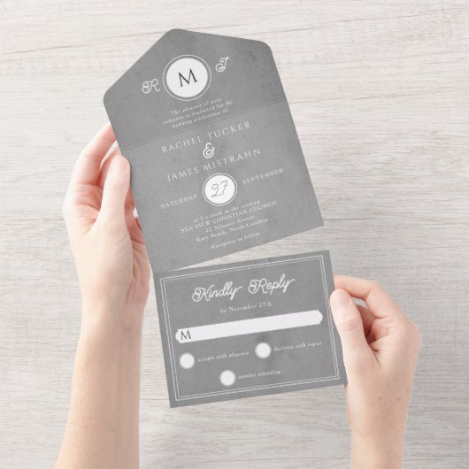 Modern Gray Parchment Paper Wedding All In One Uitnodiging (Afscheurbaar)