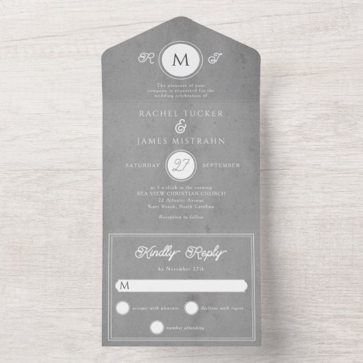 Modern Gray Parchment Paper Wedding All In One Uitnodiging (Binnen)