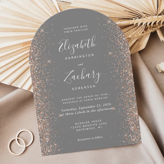 Modern Gray Peach Glitter Arch Wedding Kaart