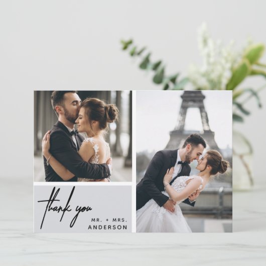 Modern Gray Photo Collage Wedding Bedankt (Staand voorkant)