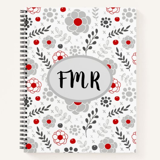 Modern Gray Red Floral Monogram Recipe Notitieboek (Voorkant)