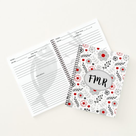 Modern Gray Red Floral Monogram Recipe Notitieboek (Binnen)