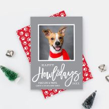Modern Gray Red Happy Howlidays Puppy Dog Photo