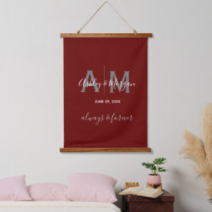 Modern Gray & Red Monogram Weddenschap Hangend Wandkleed