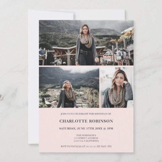 Modern Gray script 4 foto's roze Sweet 16 Kaart (Achterkant)