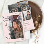 Modern Gray script 4 foto's roze Sweet 16 Kaart<br><div class="desc">Modern Grey script roze Sweet 16 verjaardagsfeestuitnodiging. Voeg 4 van uw favoriete foto's met een modern geborsteld stijldoopvont en een collage van het fotonet toe.</div>