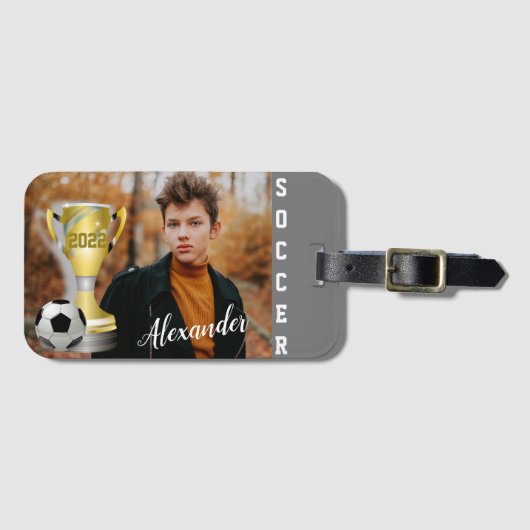 Modern Gray Soccer Sports Foto & Name for him Bagagelabel (Voorkant (horizontaal))