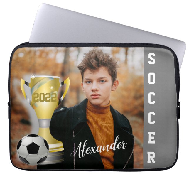 Modern Gray Soccer Sports Foto & Name for him Laptop Sleeve (Voorkant)