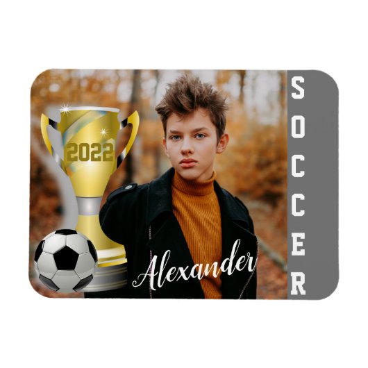 Modern Gray Soccer Sports Foto & Name for him Magneet (Horizontaal)