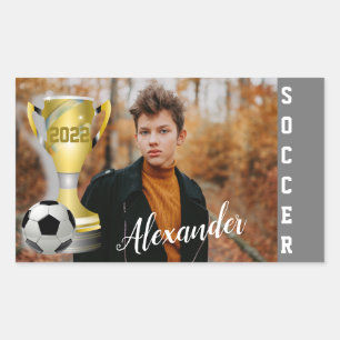 Modern Gray Soccer Sports Foto & Name for him Rechthoekige Sticker