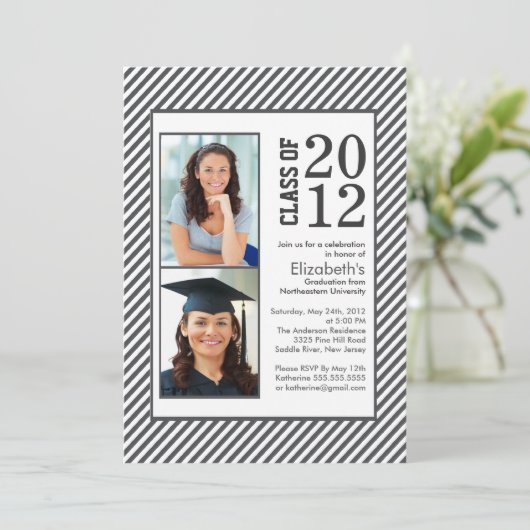 Modern Gray Stripes Photo Afstuderen-uitnodiging Kaart (Staand voorkant)