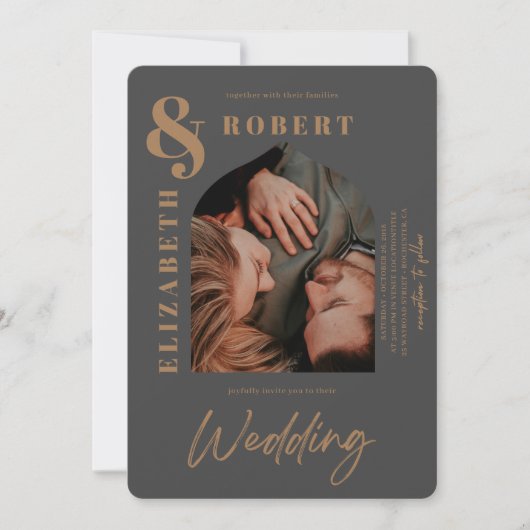 Modern Gray Stylish Bold Arched Photo Wedding Kaart (Voorkant)