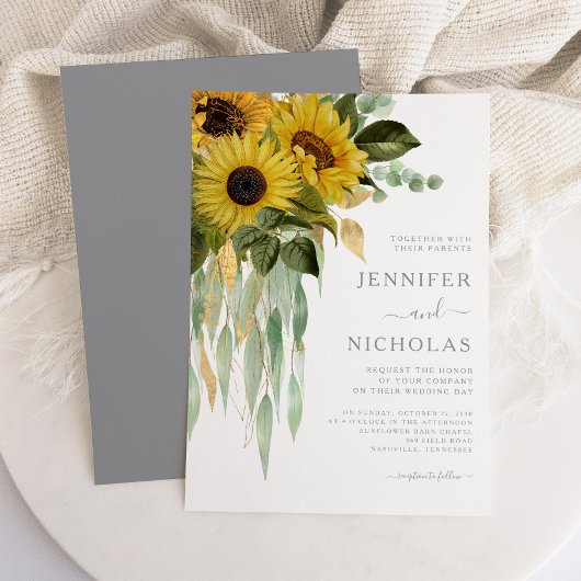 Modern Gray Sunflower Wedding Kaart