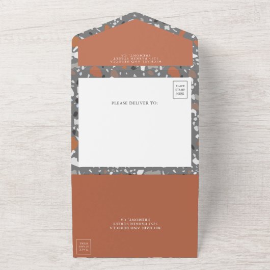 Modern Gray Terrazzo Tegel Terracotta Wedding All In One Uitnodiging (Buitenkant)