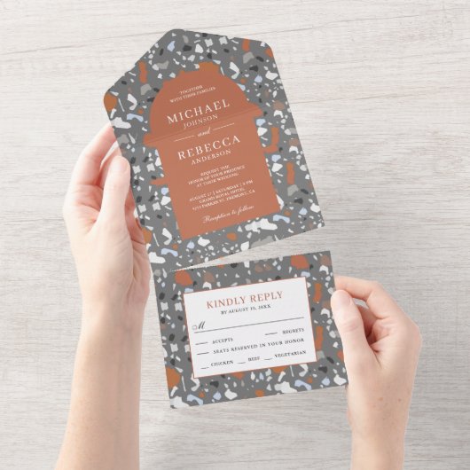 Modern Gray Terrazzo Tegel Terracotta Wedding All In One Uitnodiging (Afscheurbaar)
